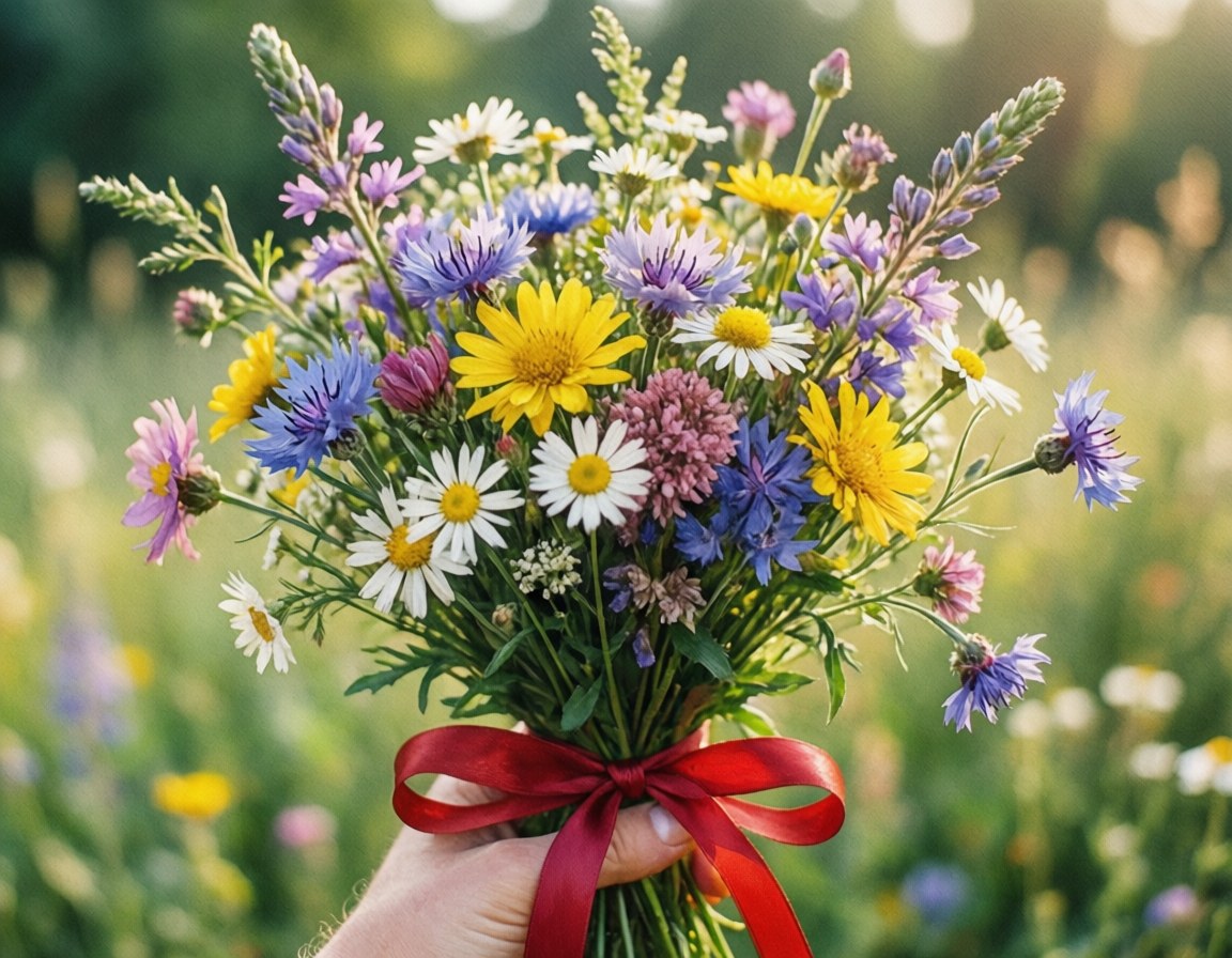 Wildflower Bouquet Love 壁紙 — 一隻手拿著一束用紅絲帶綁著的鮮豔野花，背景是陽光明媚的草地。