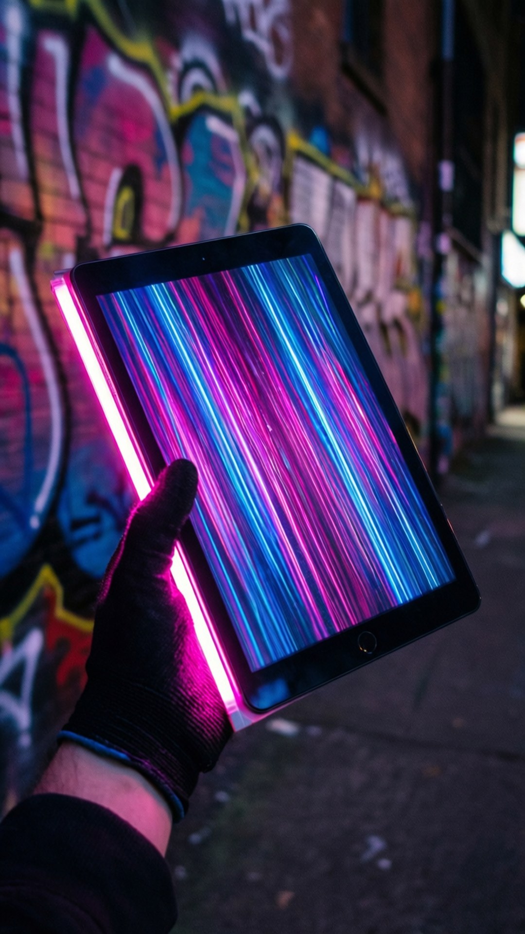 Neon Graffiti Night 壁紙 — 一隻戴著黑色手套的手拿著平板電腦，顯示出藍色和粉紅色鮮豔的光條，背景是夜晚塗鴉覆蓋的磚牆。