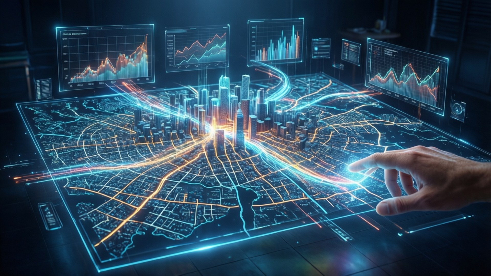 Holographic City Map 壁紙 — 一隻手正在與一個發光的全息城市地圖互動，顯示充滿活力的藍色和橙色數據流以及浮動的金融圖表。
