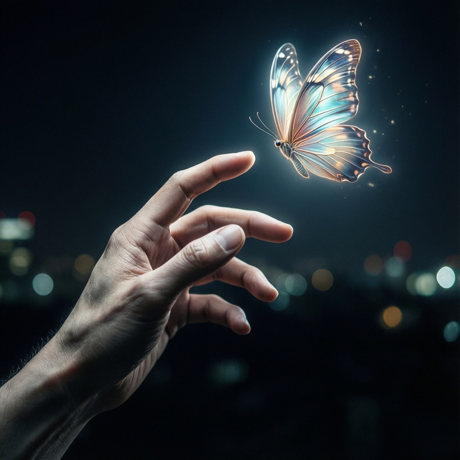 Reaching for the Butterfly 壁紙 — 一隻人類的手輕輕伸向一隻發光的半透明蝴蝶，蝴蝶在黑暗的城市天際線背景下盤旋。