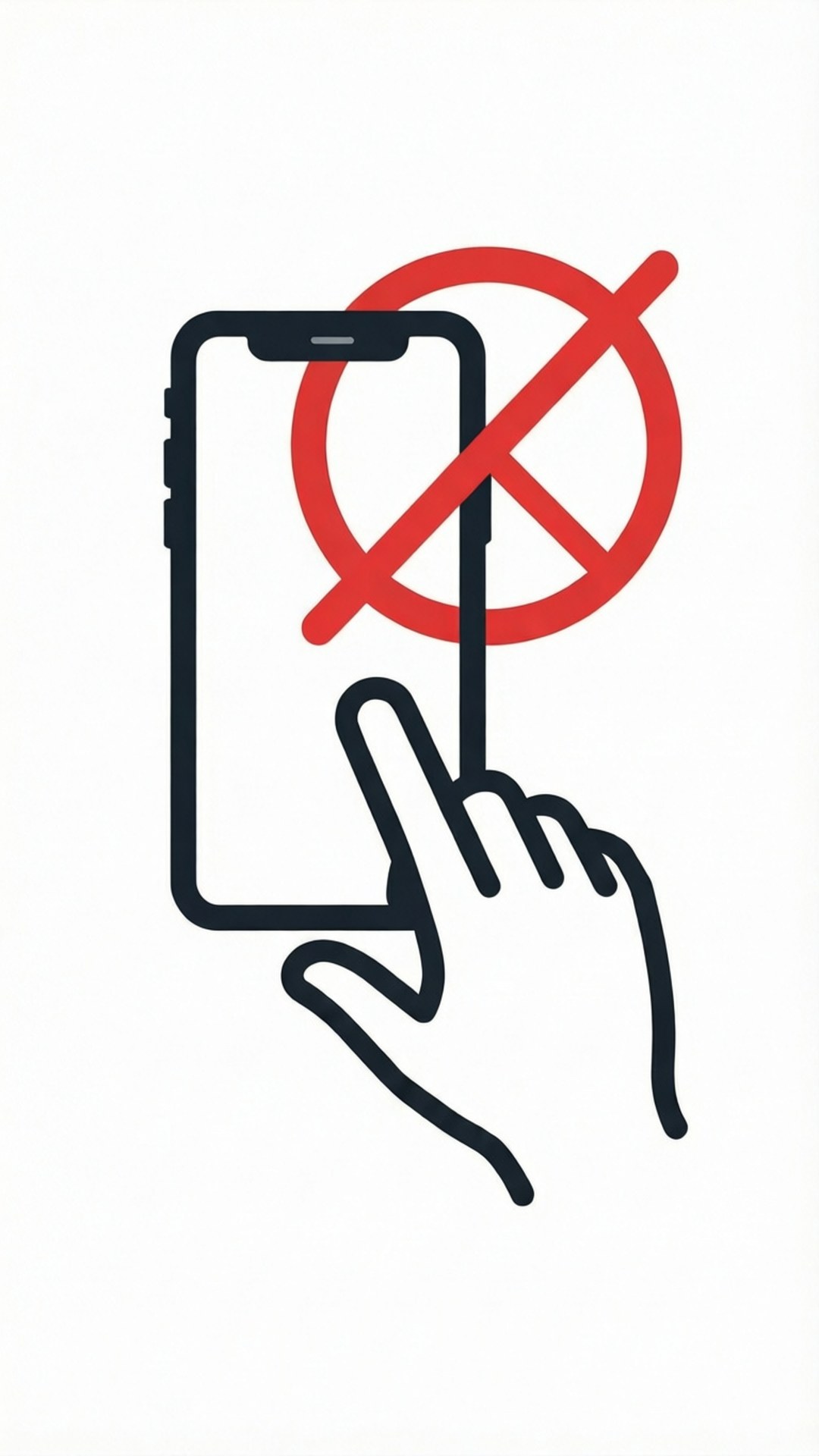 No Entry 壁紙 — 一幅極簡黑色線條畫顯示一隻手伸向智慧型手機，上面覆蓋著一個粗體的紅色禁止符號。