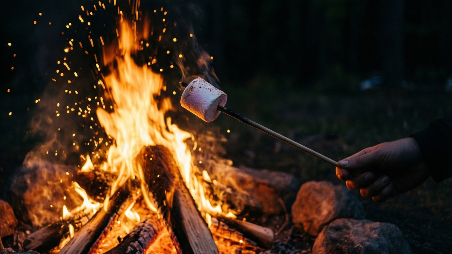 Marshmallow Toasting Silhouette 壁紙 — 在黑暗的森林中，一隻手在噼啪作響的營火上烤棉花糖，火花和煙霧飛舞。