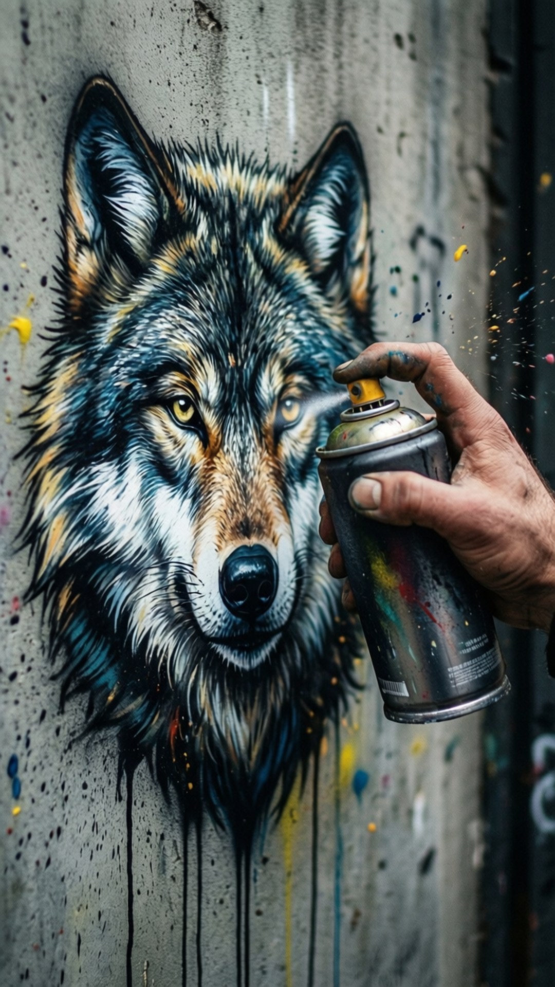 Artist at Work 壁紙 — 一隻手在混凝土牆上噴漆，創造出一幅生動細緻的狼壁畫，帶有飛濺和滴落效果。