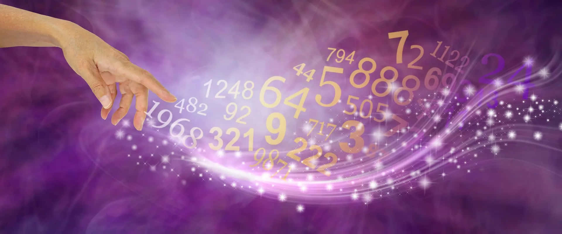  壁紙 — 一隻手伸入旋轉的紫色能量中，觸摸發光漂浮的數字和閃光。