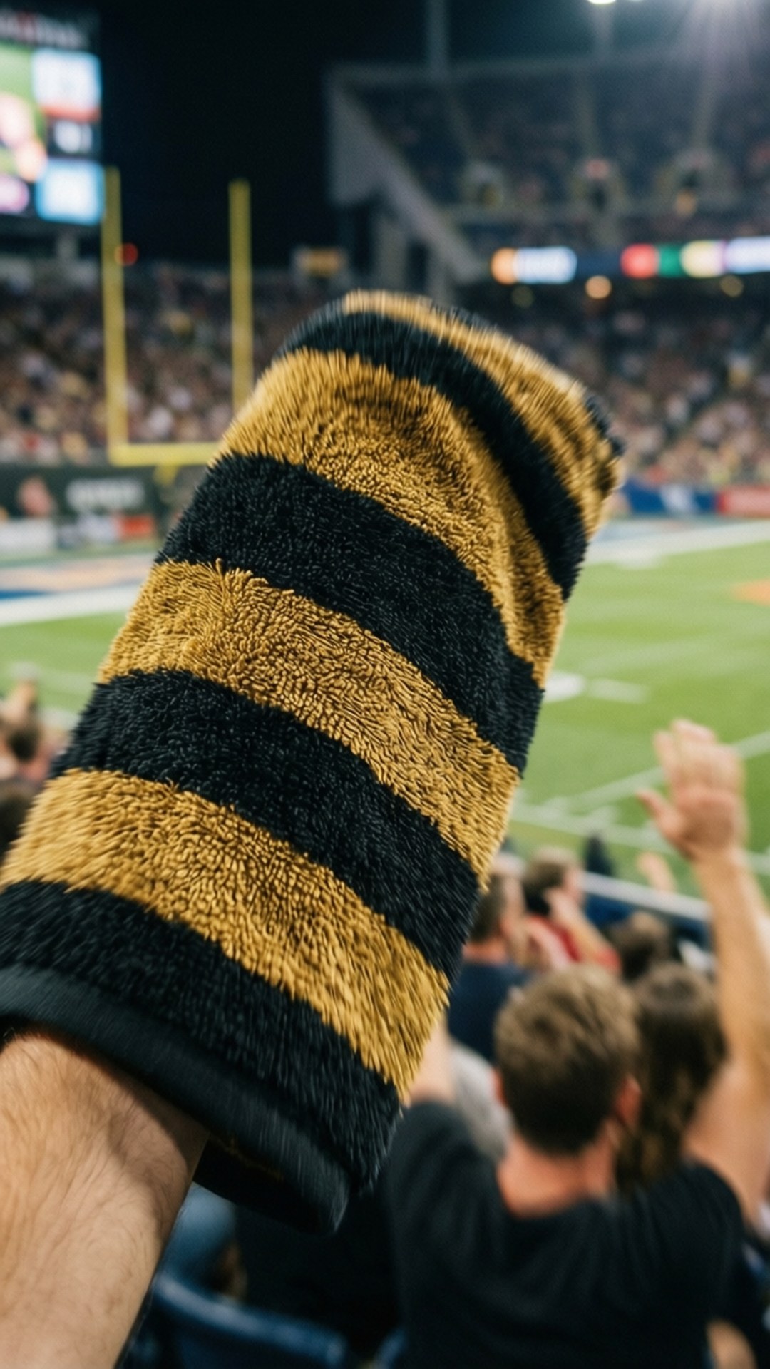 Terrible Towel Motion 壁紙 — 夜間足球比賽中，一隻手揮舞著黑金條紋毛巾的特寫，背景是模糊的體育場燈光和人群。