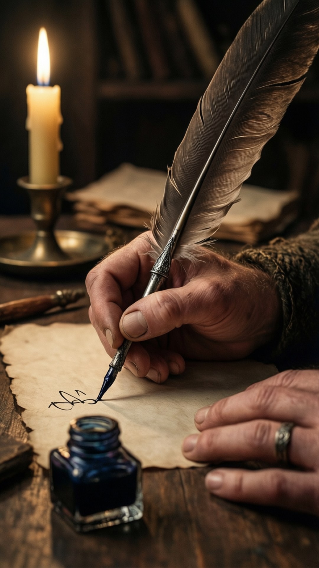 Writing the Truth 壁紙 — 一隻手用羽毛筆在羊皮紙上書寫，燭光下，旁邊有一個藍色墨水瓶。