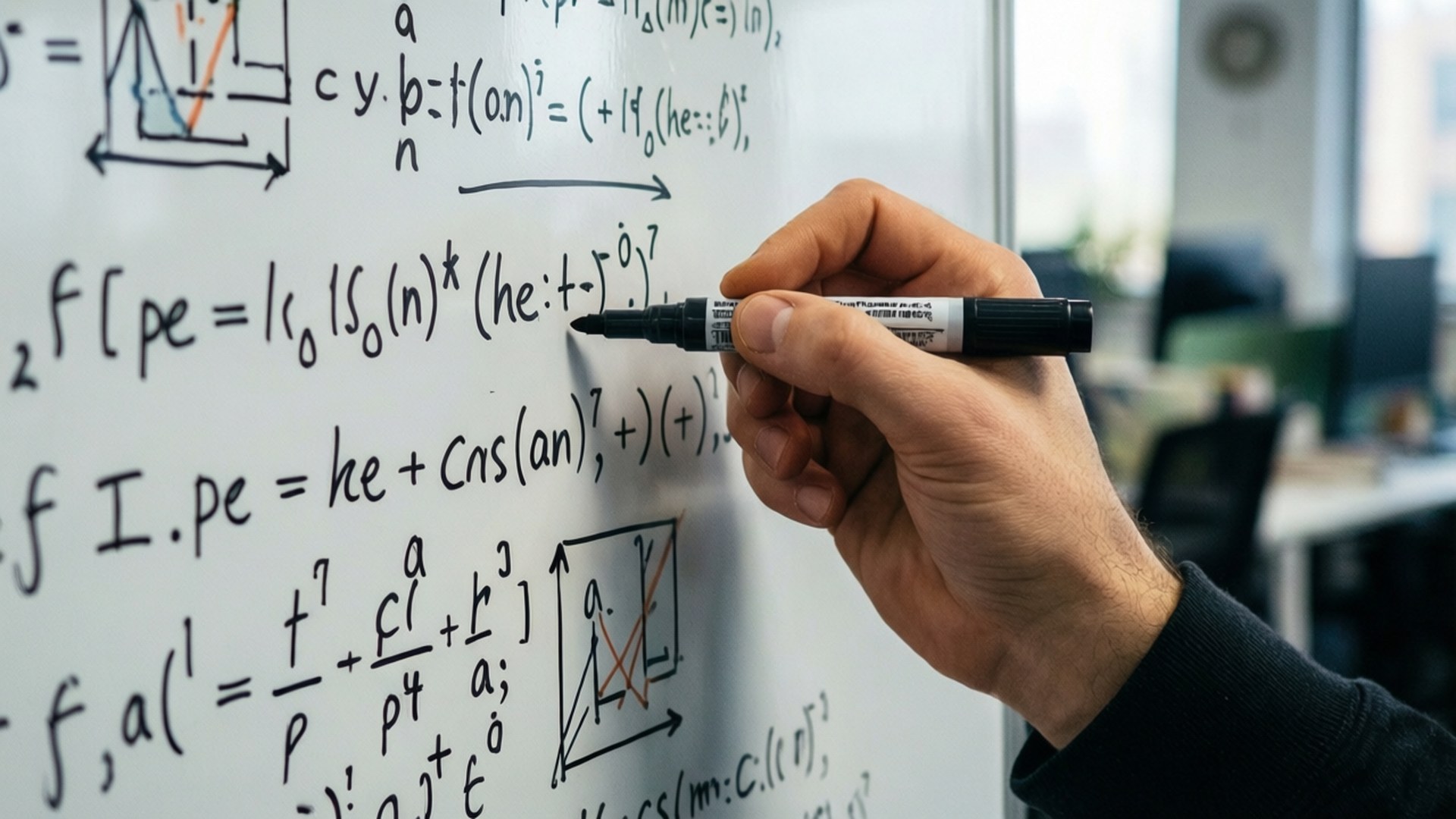 Whiteboard Algorithms 壁紙 — 在明亮的辦公室裡，一隻手用黑色記號筆在白板上寫下複雜的數學方程式。