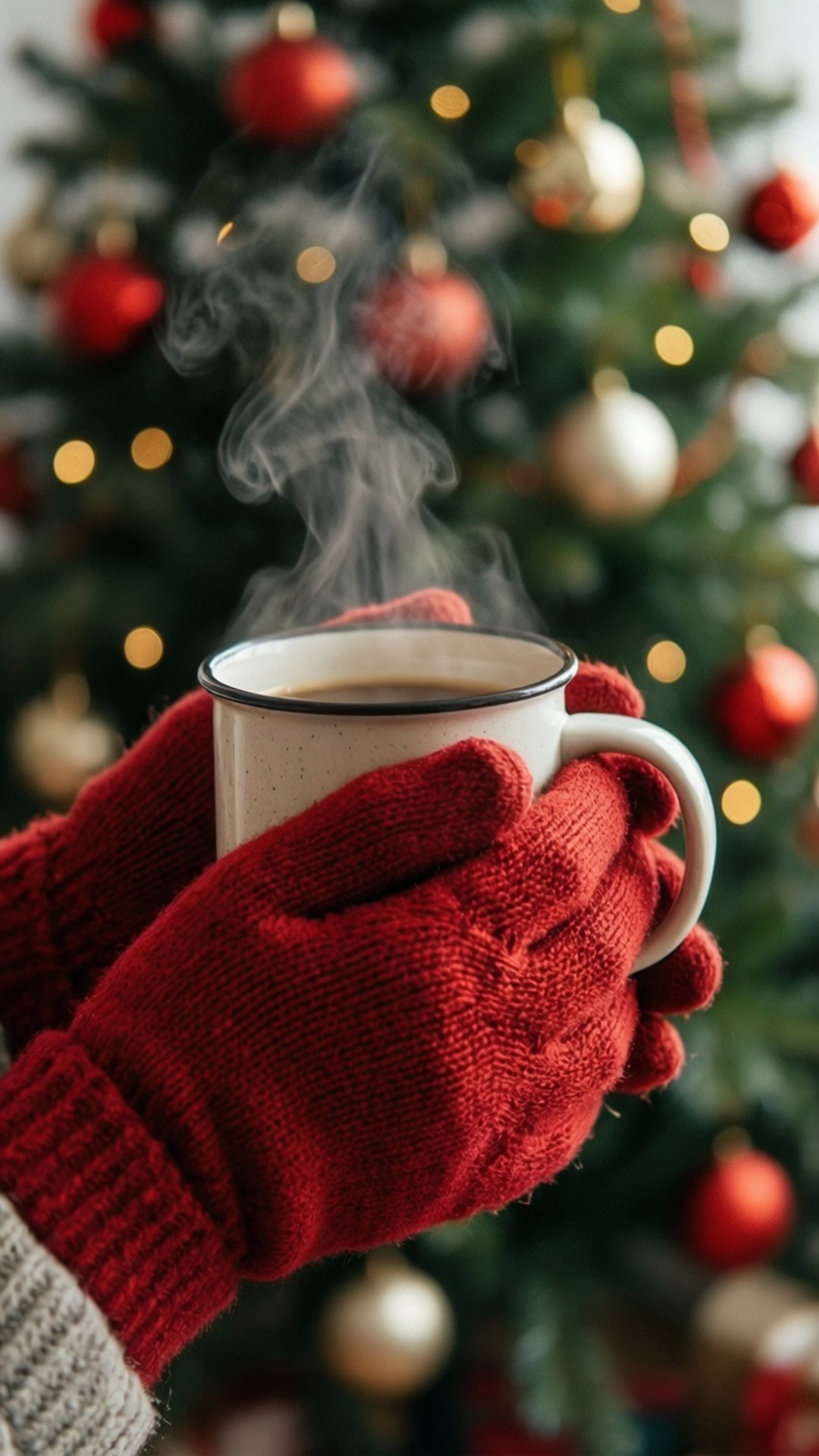 Mittens and Hot Drink 壁紙 — 戴著紅色針織手套的雙手捧著一杯冒煙的熱可可，背景是柔和模糊的聖誕樹，裝飾著紅色和金色的飾品。