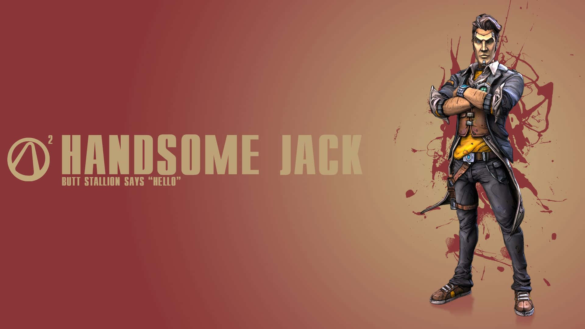 Borderlands 桌布 壁紙 — Handsome Jack 自信地交叉雙臂，站在帶有血跡效果的紅棕色漸變背景前。