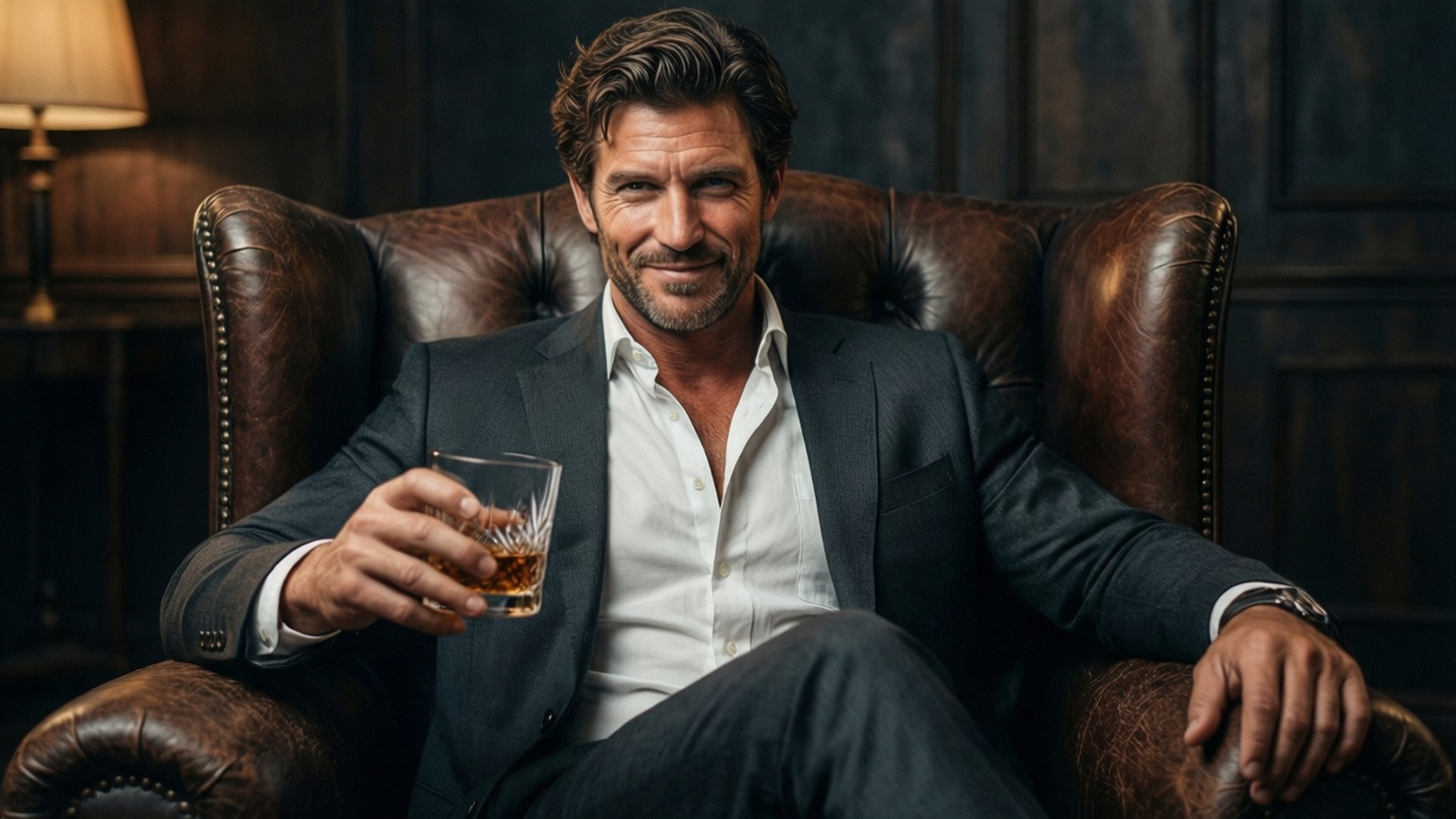 Whiskey & Charisma 壁紙 — 一位英俊的男子身穿深色西裝，放鬆地坐在棕色皮革扶手椅上，手持一杯威士忌，附近有一盞溫暖的燈亮著。