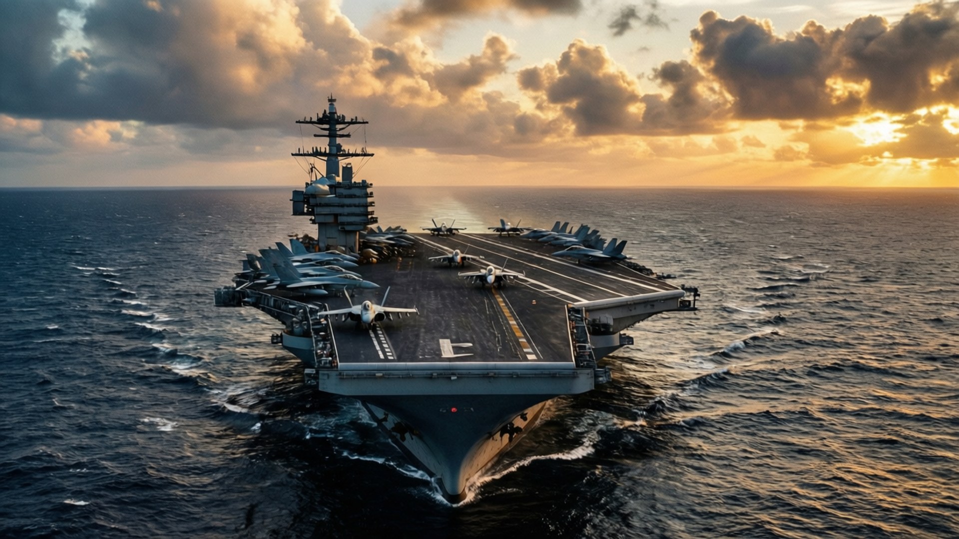 Floating Fortress 壁紙 — 一艘航空母艦在日落時分穿越波濤洶湧的海洋，甲板上排列著戰鬥機，在戲劇性的金色雲層下航行。