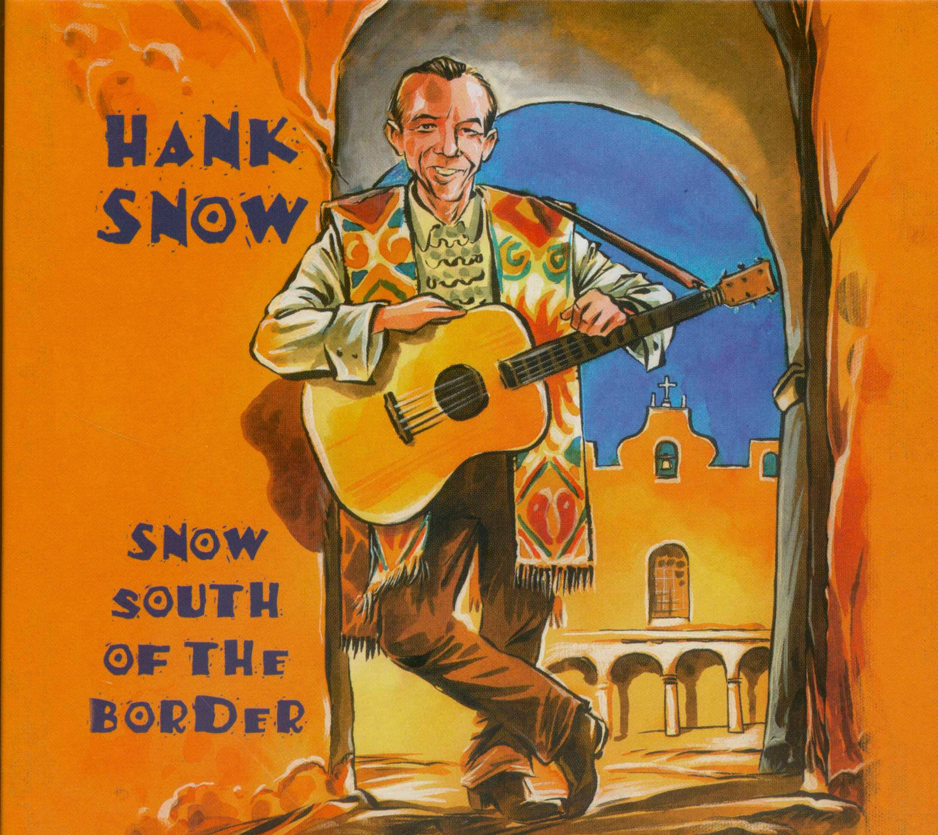 artist 桌布 壁紙 — Hank Snow 在拱門下彈吉他微笑，背景是充滿活力的橙色和藍色，有一座傳教風格的建築。
