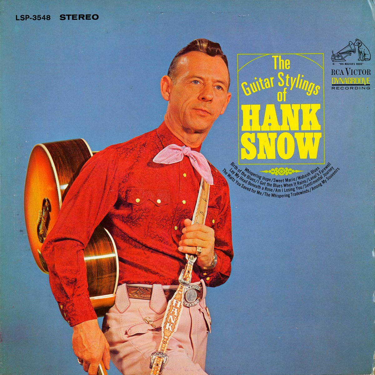 音樂 桌布 壁紙 — Hank Snow 身穿紅色襯衫和粉紅色領結，在復古專輯封面上，在純藍色背景前拿著吉他。