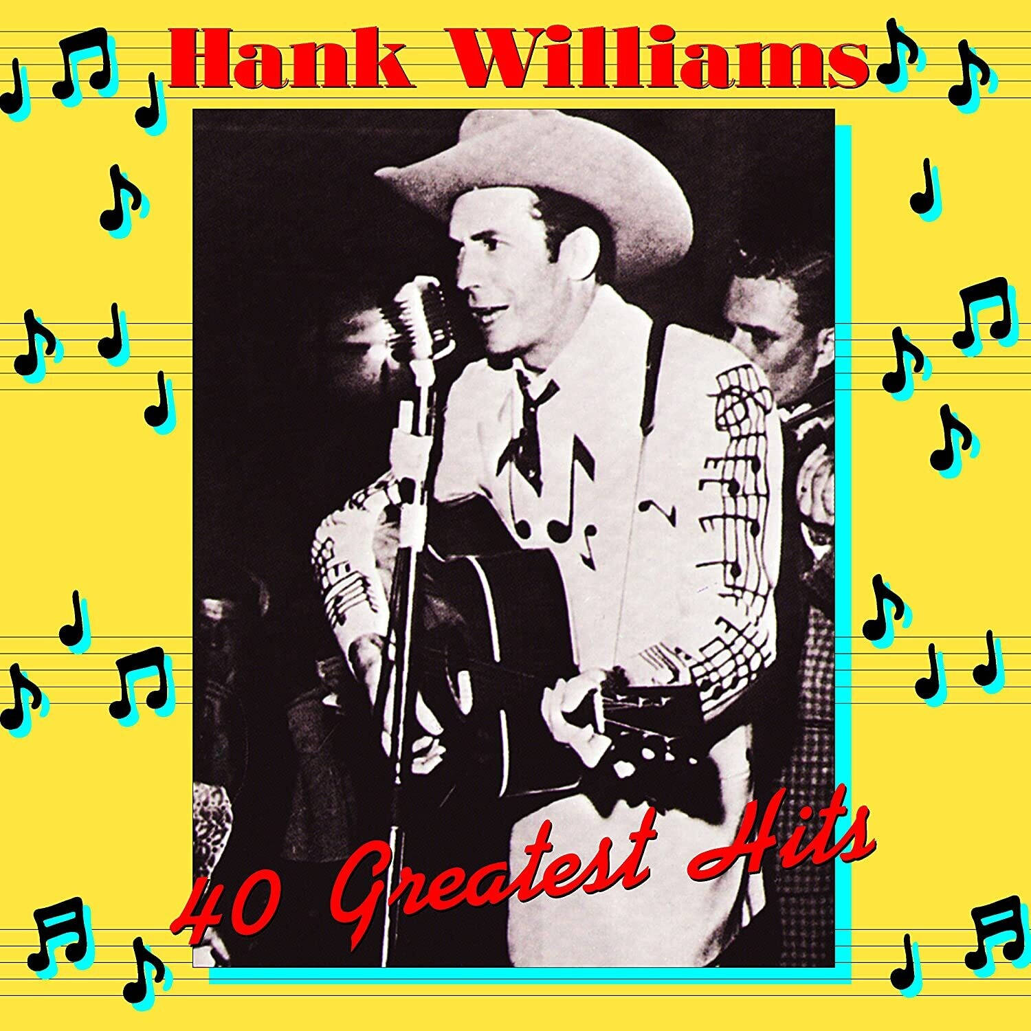 artwork 桌布 壁紙 — Hank Williams 戴著牛仔帽在舞台上表演，手持吉他，明亮的黃色背景上有音符飄浮。