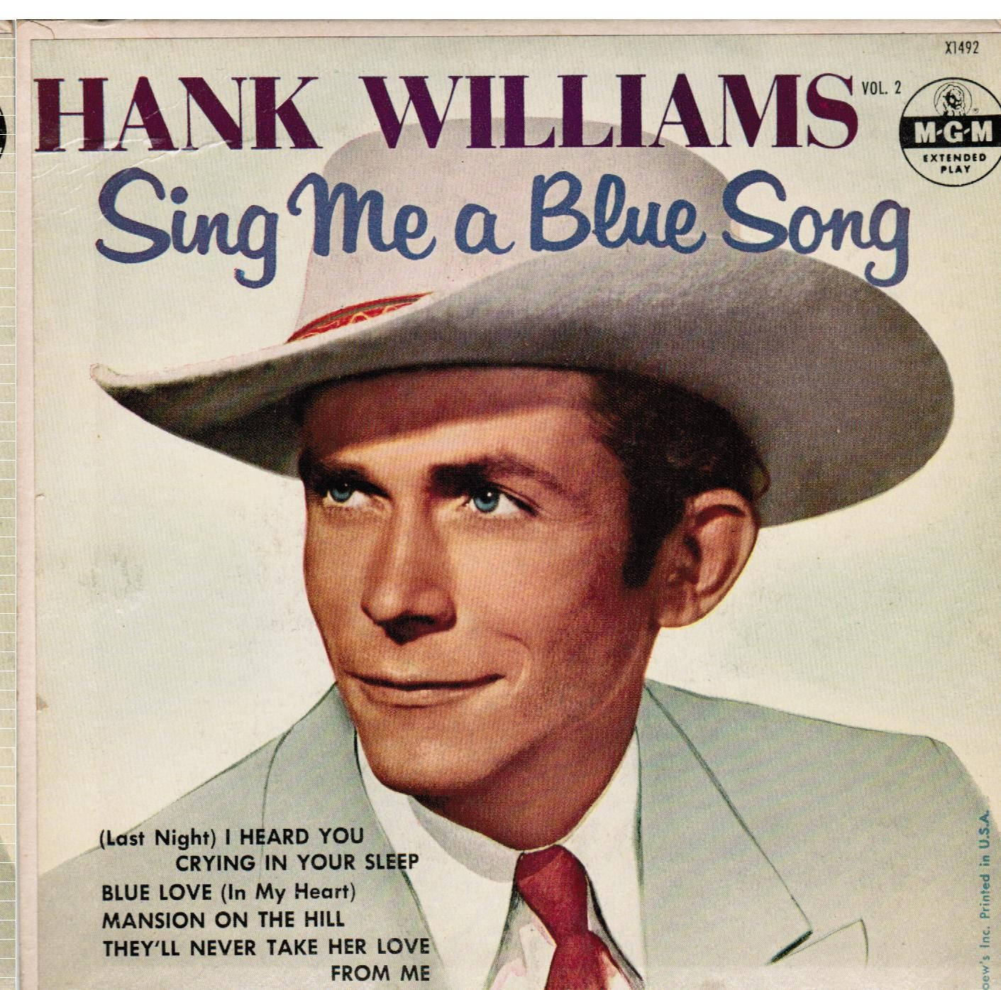 poster 桌布 壁紙 — Hank Williams 的復古專輯封面，戴著牛仔帽和西裝，下方列出歌曲名稱。