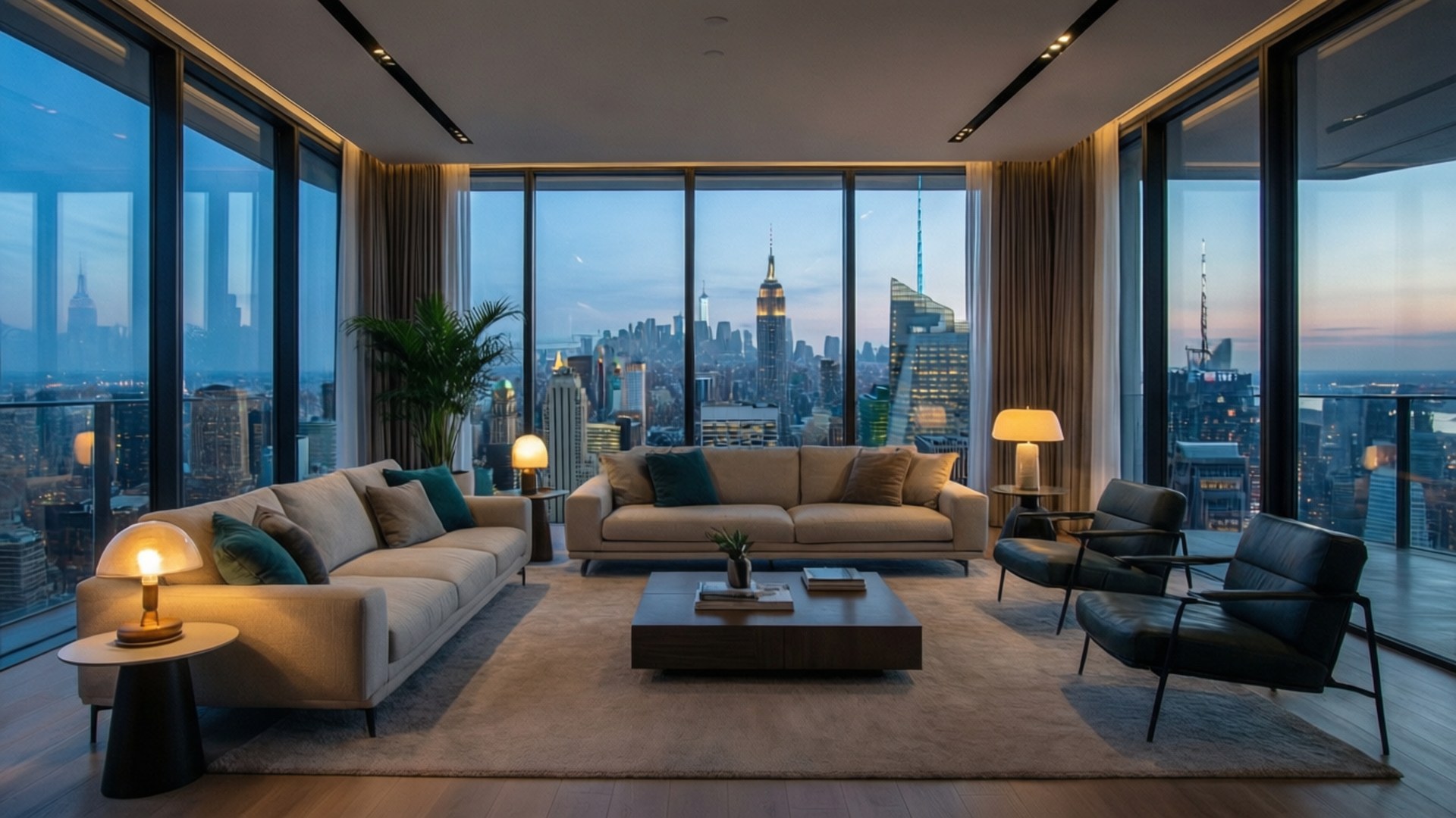 Twilight City Living 壁紙 — 豪華客廳，設有落地窗，可俯瞰暮色中紐約市天際線和燈火通明的摩天大樓。