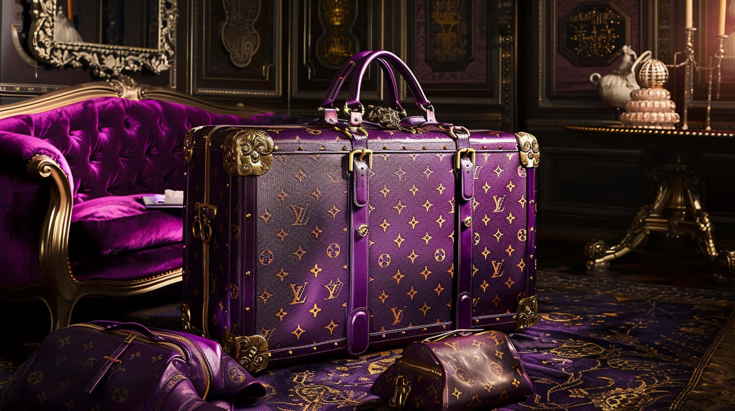  壁紙 — 一個帶有金色金屬配件的豪華紫色 Louis Vuitton 行李箱，放置在一個配有天鵝絨家具和華麗裝飾的奢華房間中。