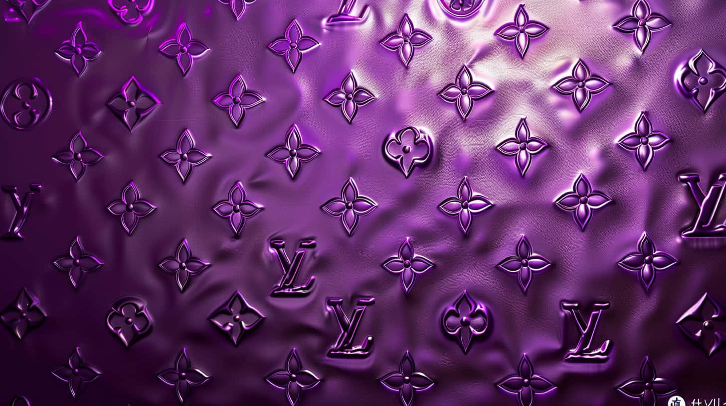  壁紙 — 一塊豪華的紫色布料，帶有壓印的 Louis Vuitton 字母組合圖案，在柔和光線下閃耀。