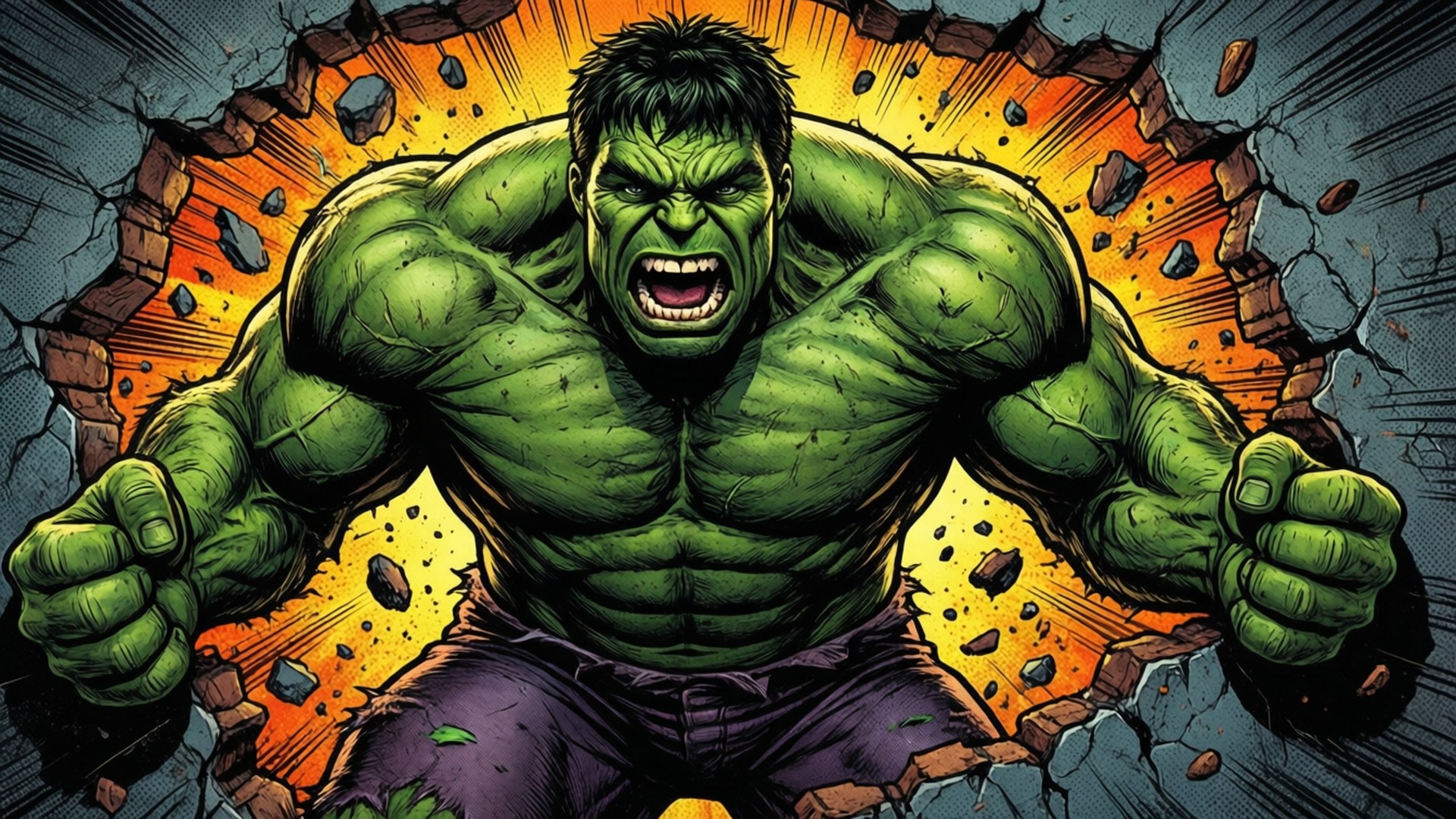 Hulk Smash Pop Art 壁紙 — 浩克用緊握的拳頭和鼓起的肌肉撕開磚牆，背景是熾熱的橙色爆炸。