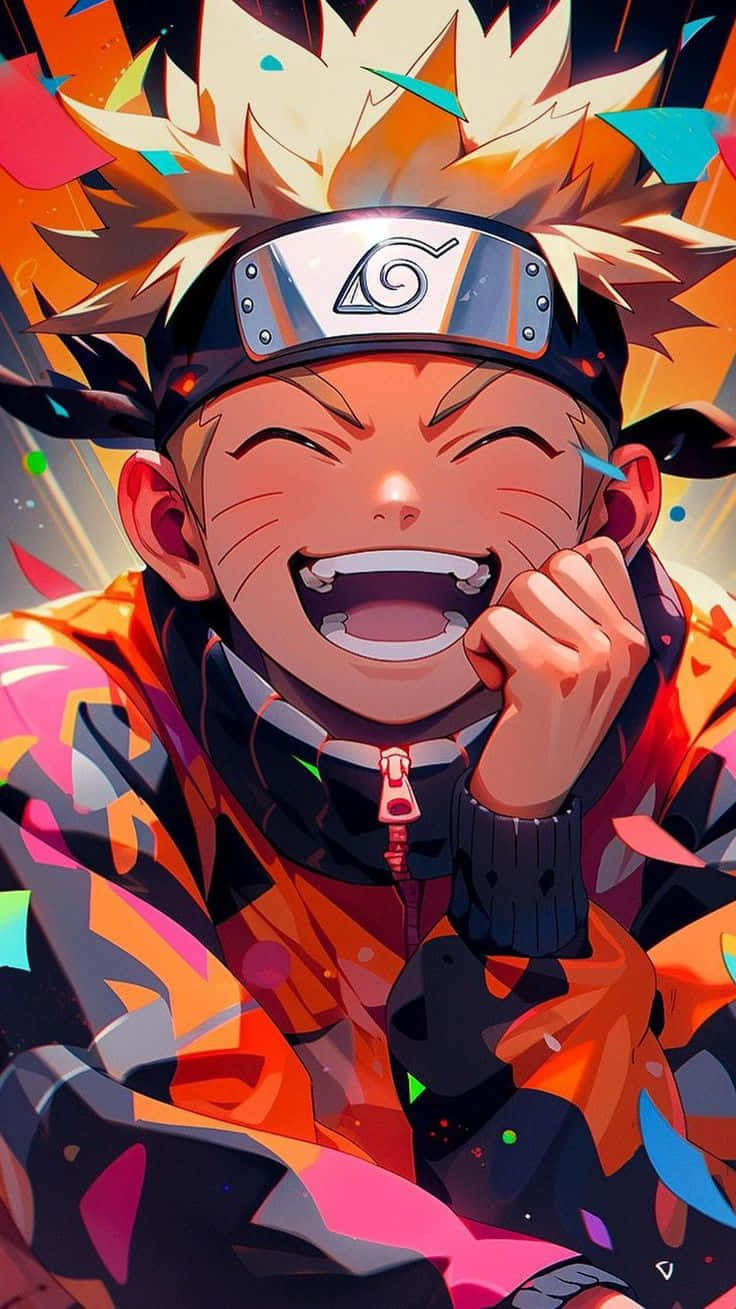  壁紙 — 一個快樂的動漫男孩，有著刺蝟般的金髮和頭帶，在五彩紙屑中狂笑。