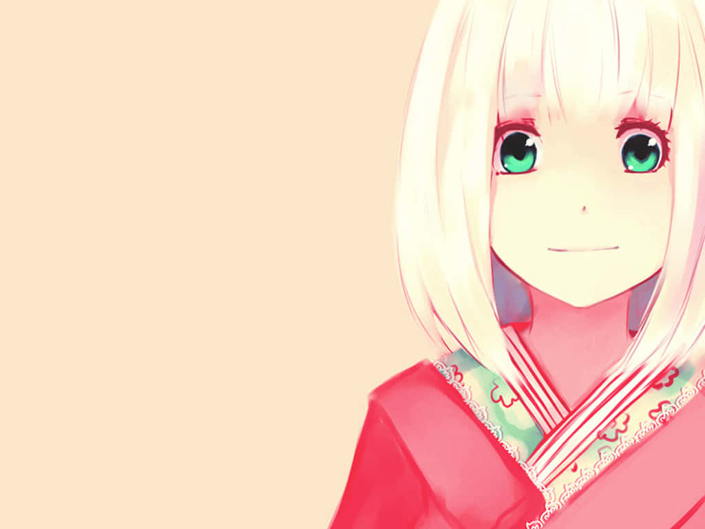 Shiemi Moriyama 桌布 壁紙 — 一個開心的動畫女孩，金髮綠眼，穿著粉紅色和服，背景是柔和的桃色。