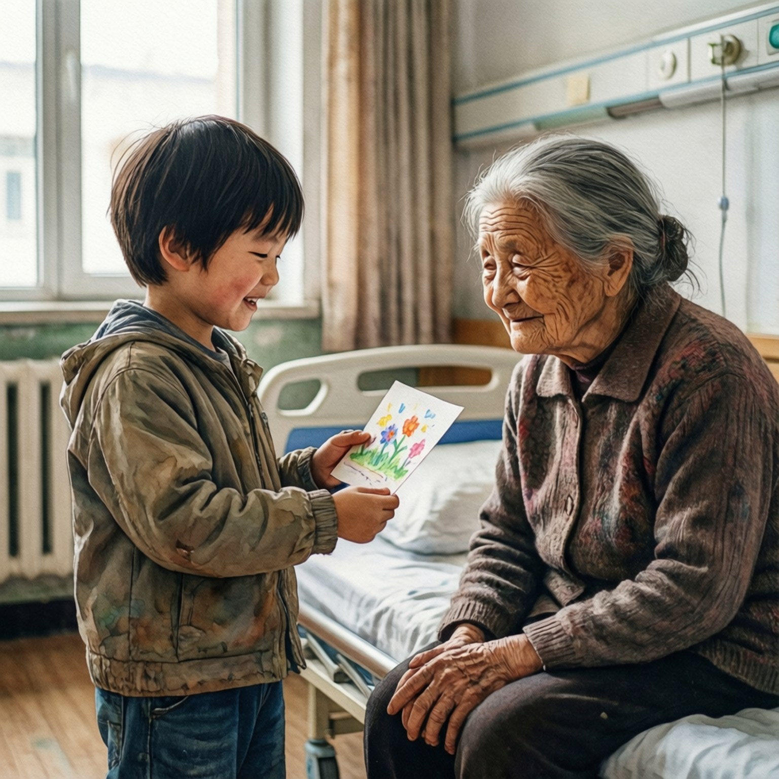 Altruism 桌布 壁紙 — 一個快樂的小男孩在醫院病房裡向一位微笑的老婦人展示一幅色彩繽紛的花朵畫作。