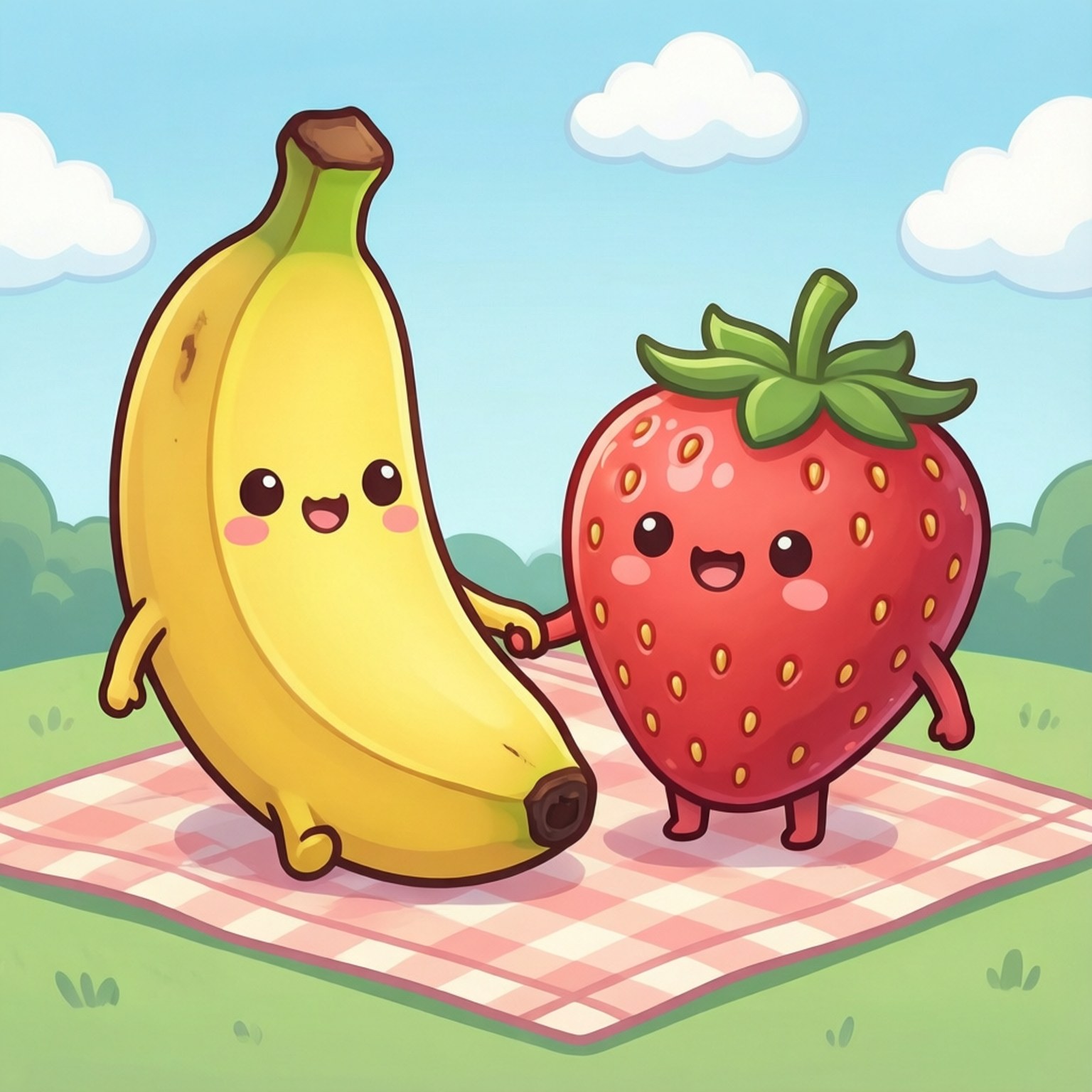 Banana and Strawberry Friends 壁紙 — 一隻快樂的卡通香蕉和草莓有手有腳，在粉紅色格子毯子上手牽手，藍天白雲下。
