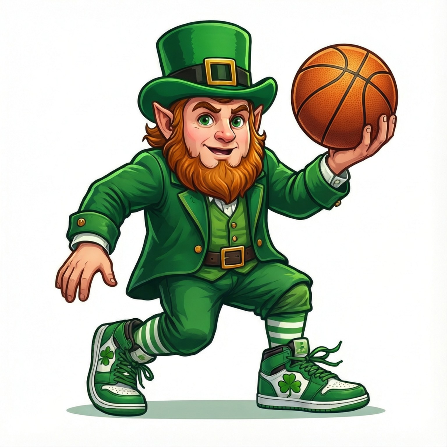 Leprechaun Basketball Vector 壁紙 — 一個穿著綠色西裝和高帽的快樂卡通小妖精，穿著飾有三葉草的運動鞋運著橙色籃球。