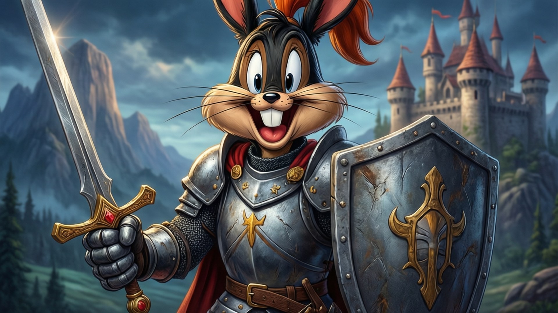 Knight Sam of the West 壁紙 — 一隻快樂的卡通兔子穿著閃亮的銀色盔甲，在紅屋頂的雄偉城堡前揮舞劍和盾牌。
