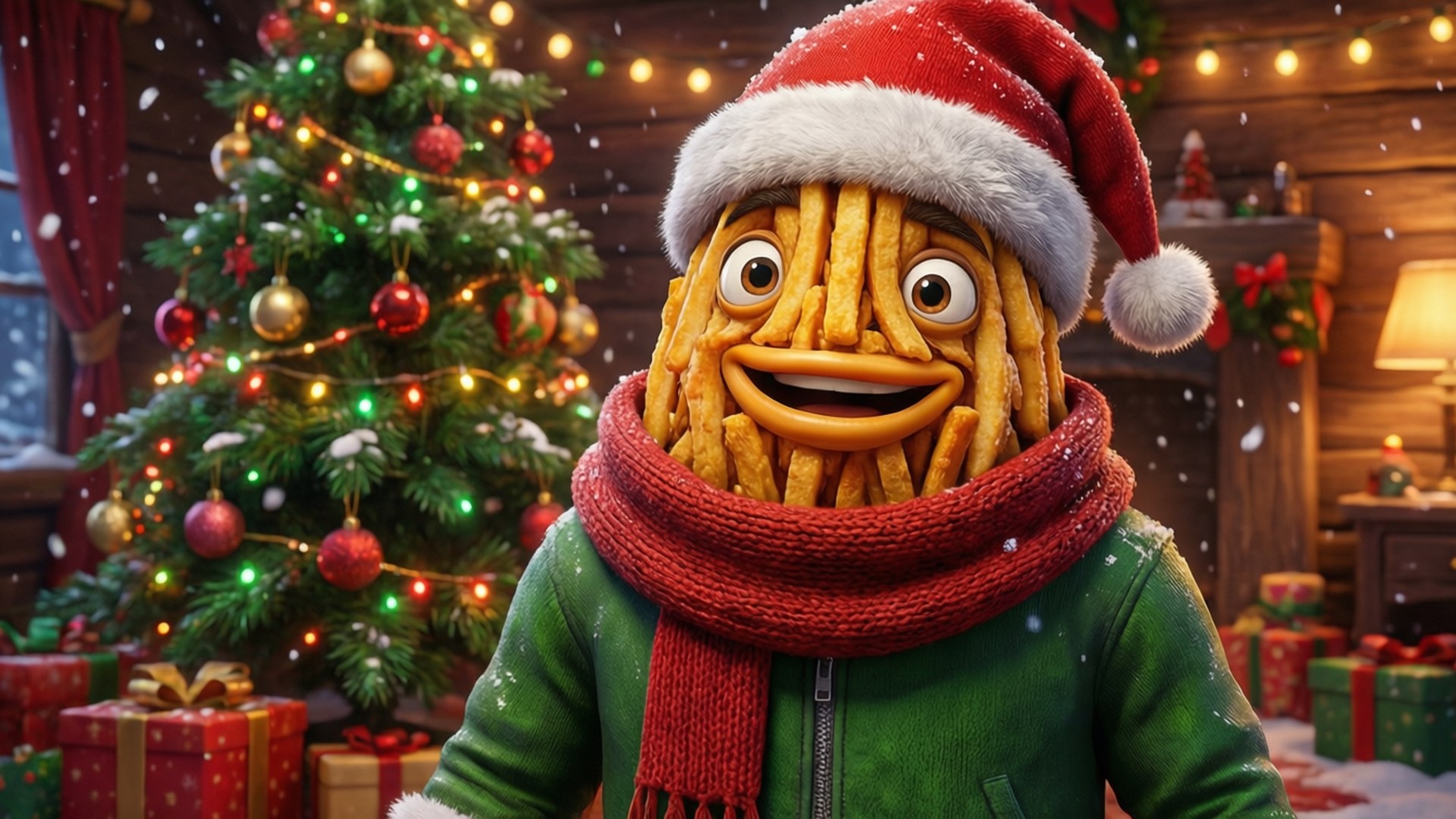 Fishstick Christmas 壁紙 — 一個戴著聖誕帽和紅色圍巾的開心擬人化薯條，站在一個有雪景的節日房間裡，旁邊是一棵裝飾好的聖誕樹。