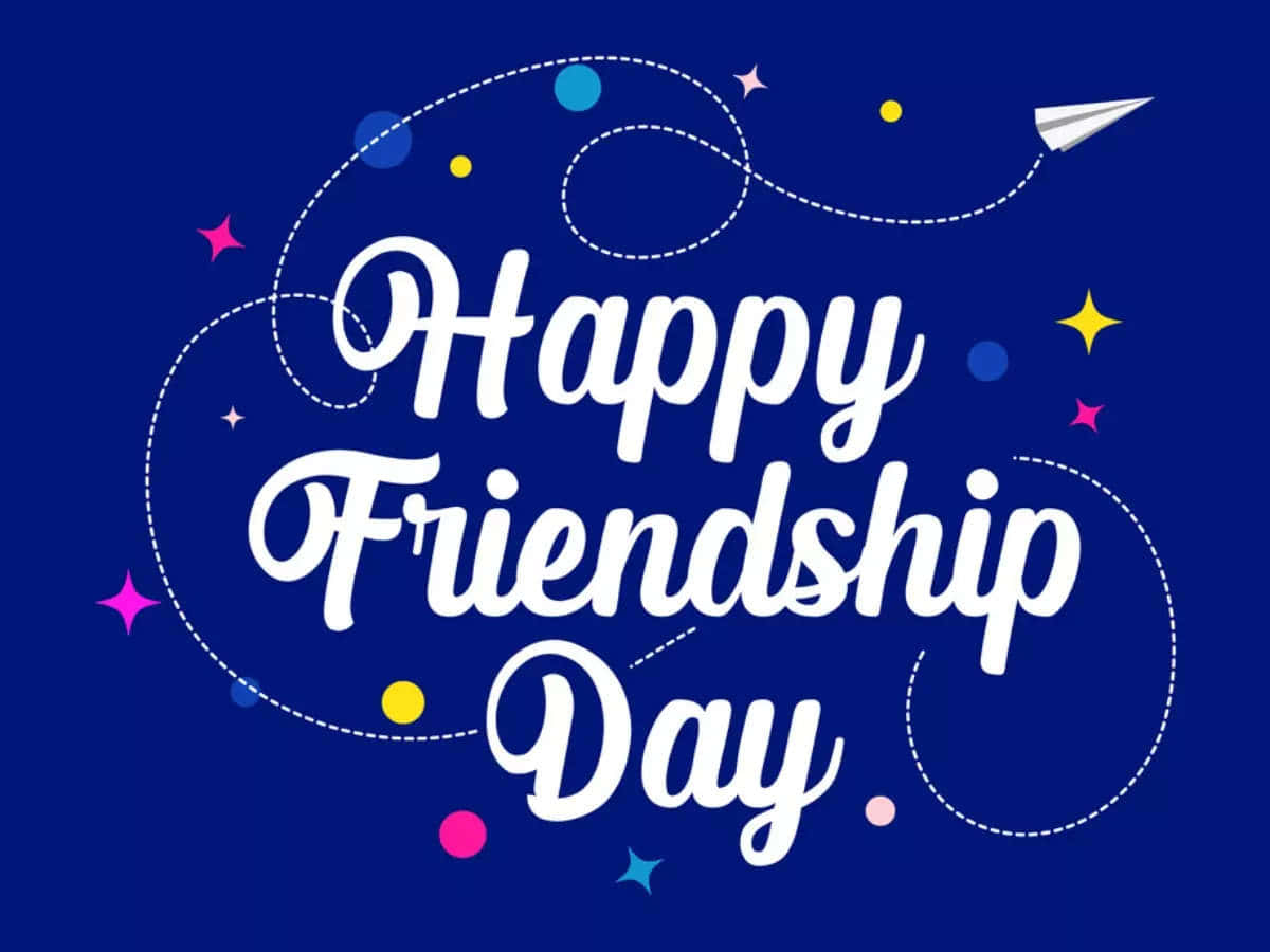  壁紙 — 充滿活力的藍色背景上，白色草書文字寫著「Happy Friendship Day」，周圍環繞著彩色星星和紙飛機軌跡。