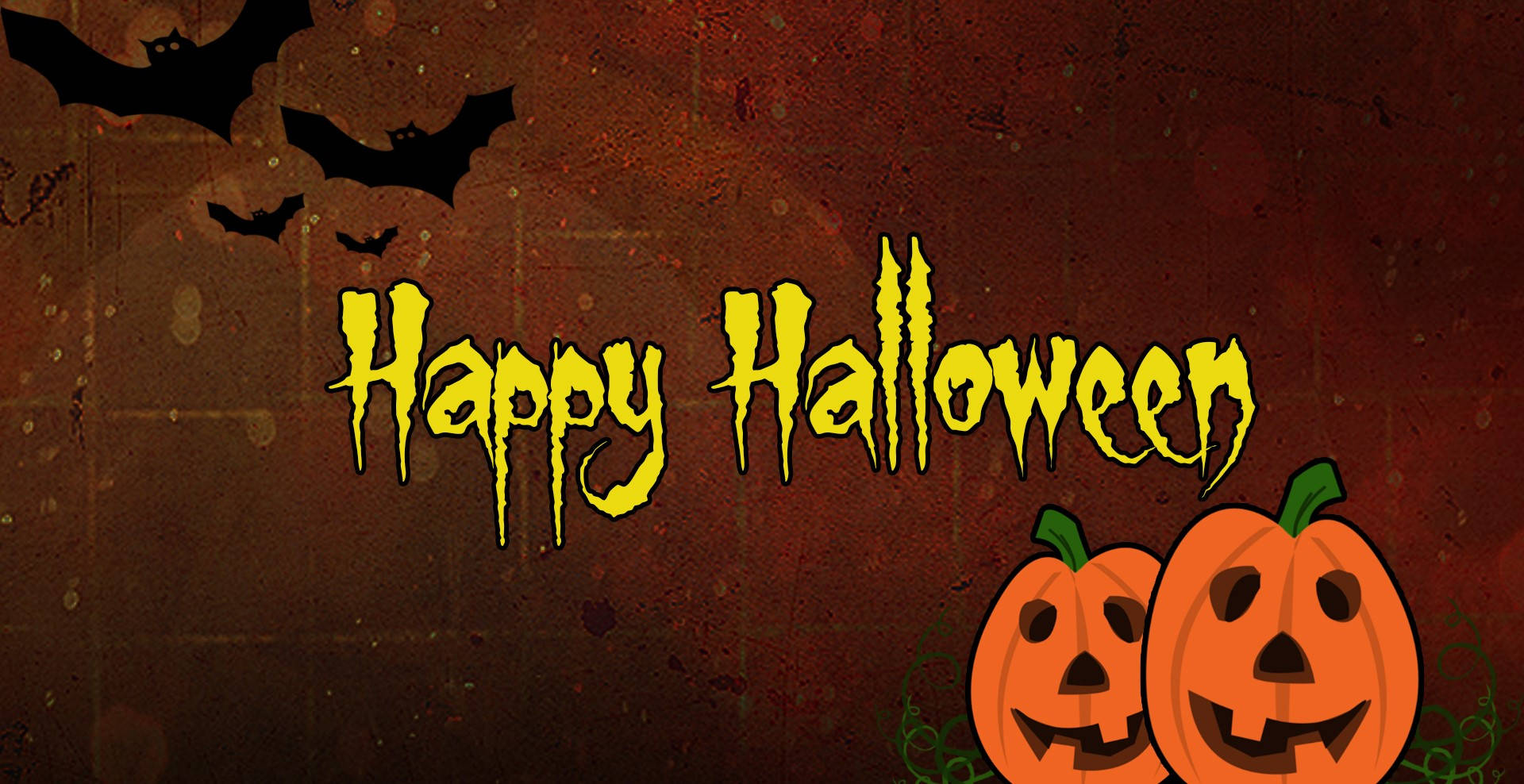 Happy Halloween 桌布 壁紙 — Happy Halloween 文字以滴落的黃色字體呈現，搭配兩個微笑的傑克南瓜燈和蝙蝠在紋理深紅色背景上飛翔。