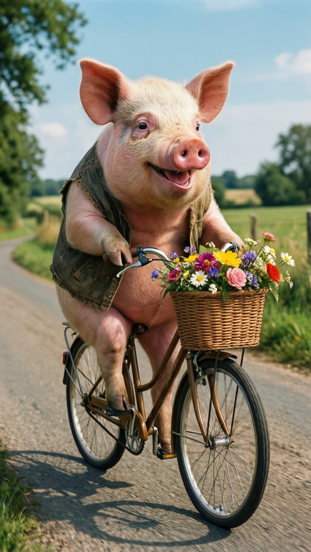 Pig Riding Bicycle 壁紙 — 一隻穿著牛仔背心的快樂粉紅豬，在陽光明媚的鄉村道路上騎著腳踏車，車籃裡裝滿了色彩繽紛的野花。