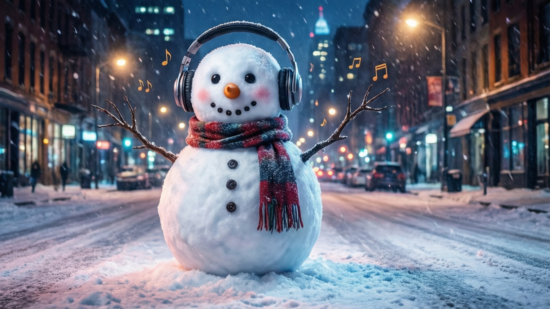 Dancing Snowman City Night 壁紙 — 一個戴著耳機和圍巾的快樂雪人站在積雪的城市街道上，音符在飄落的雪花中圍繞著它漂浮。