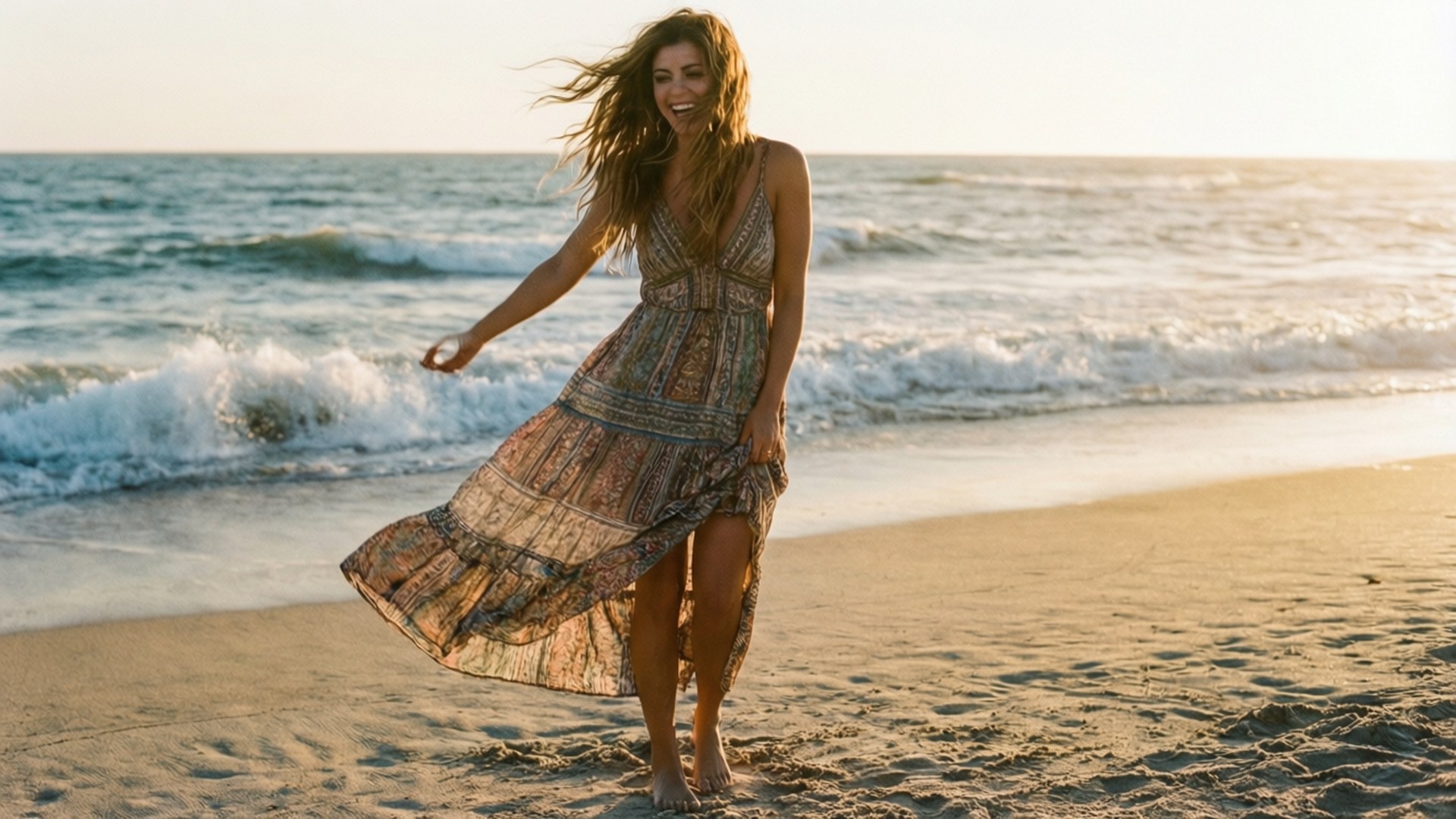 Beachside Beauty 壁紙 — 一位快樂的女人穿著飄逸的圖案連衣裙，赤腳在陽光明媚的海灘上跳舞，海浪在她身後拍打。