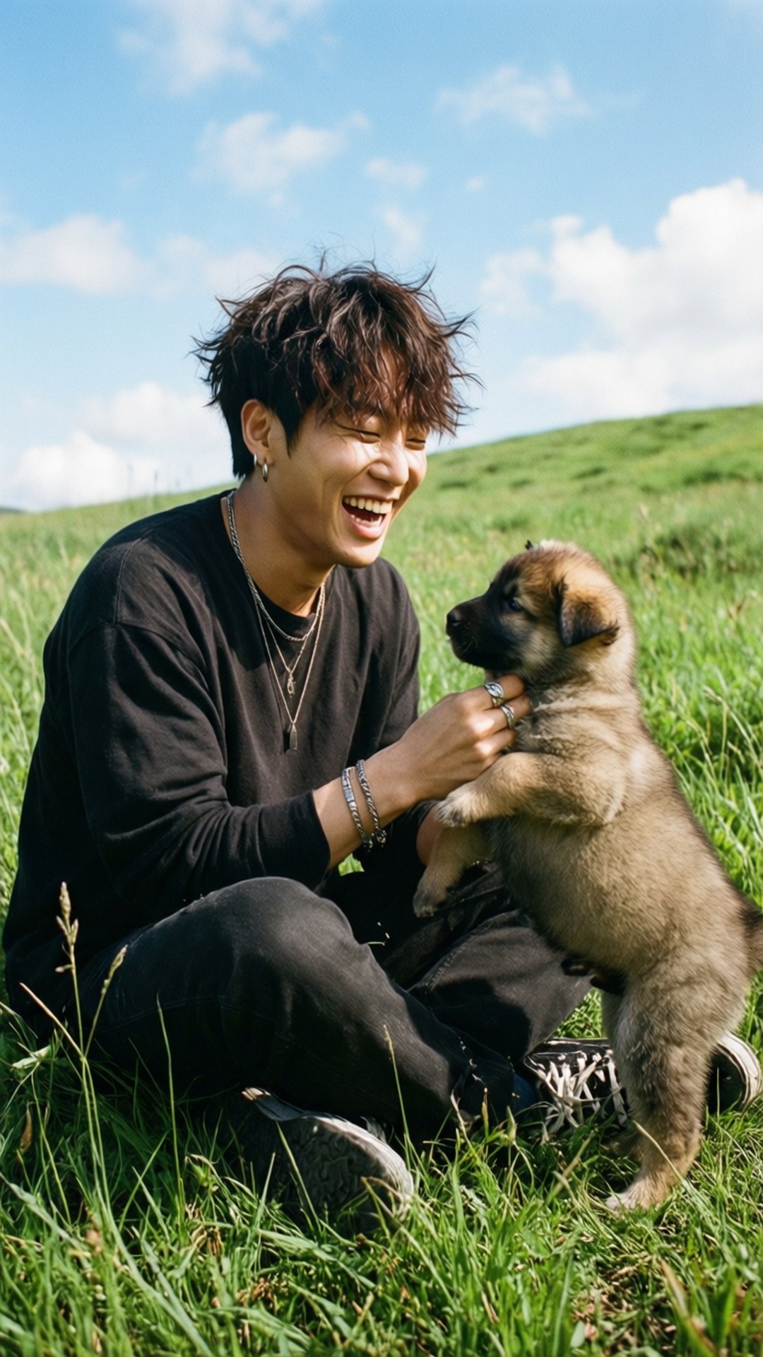 G-Dragon 桌布 壁紙 — 一個快樂的年輕人在藍天下陽光明媚的綠色田野中抱著毛茸茸的小狗大笑。
