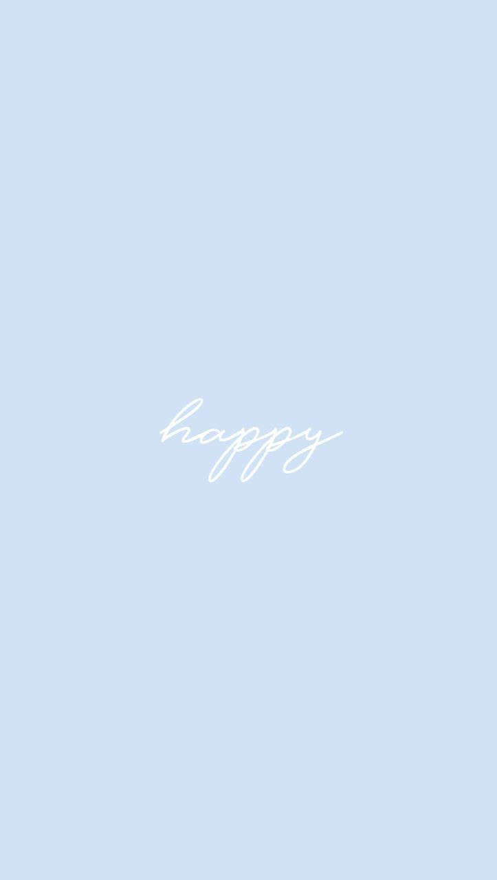 簡約藍色美學 桌布 壁紙 — 「happy」一詞以優雅的白色草書字體浮在柔和的粉藍色背景中央。