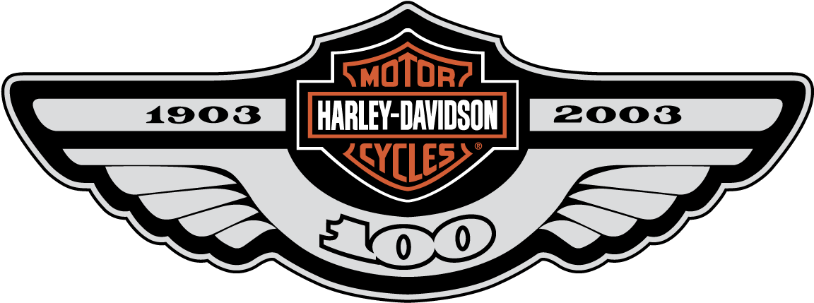 哈雷戴維森標誌 桌布 壁紙 — Harley-Davidson 100 週年標誌，帶有翅膀，橫跨 1903 年至 2003 年，採用大膽的黑色、白色和橙色。