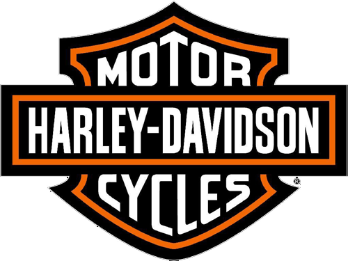 哈雷戴維森標誌 桌布 壁紙 — Harley-Davidson 標誌，採用粗體白色文字和橙黑色盾牌設計，背景簡潔。