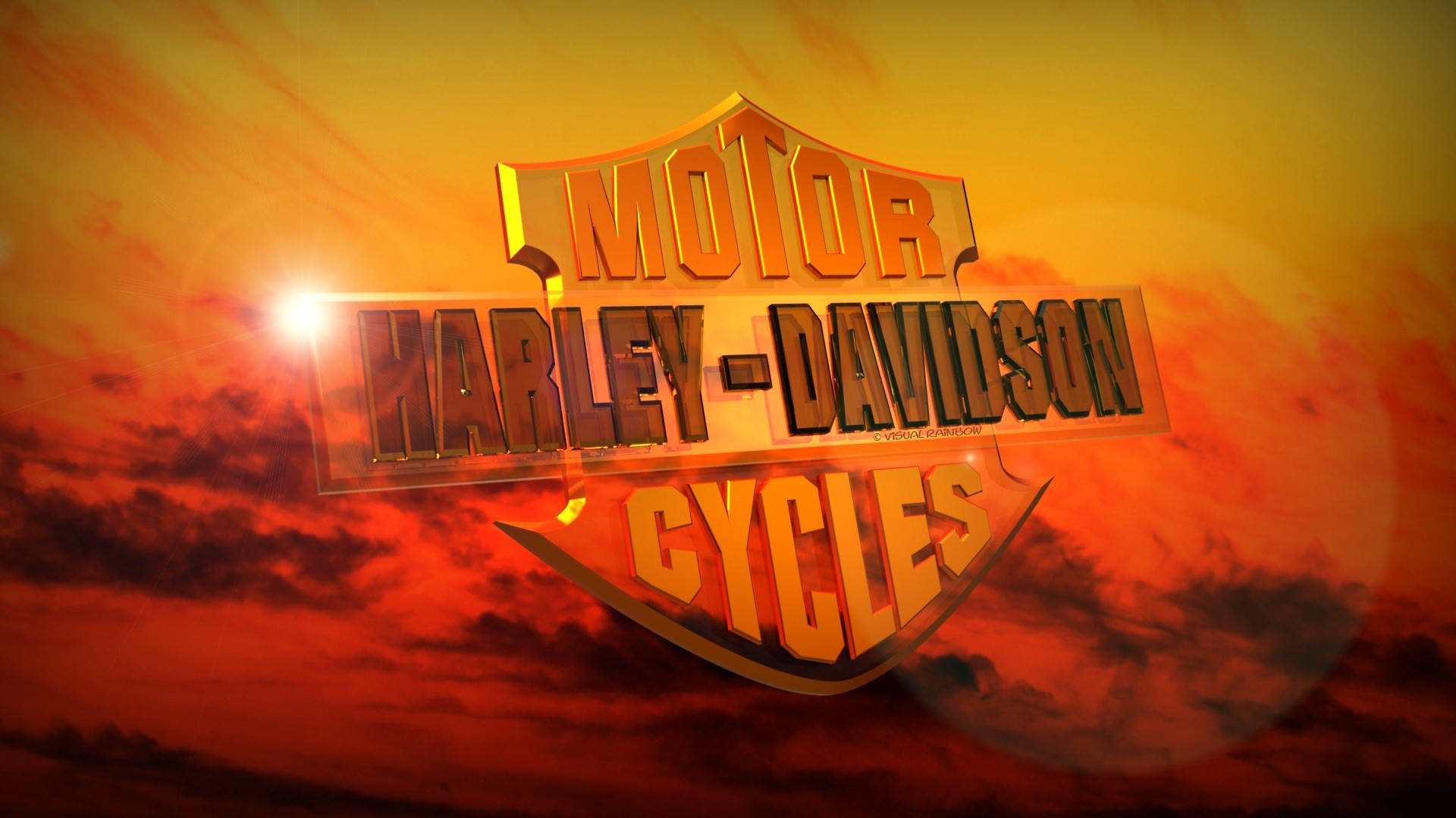 Harley 桌布 壁紙 — Harley-Davidson 標誌在3D中發光，背景是火熱的日落天空，帶有戲劇性的雲彩和鏡頭光暈。