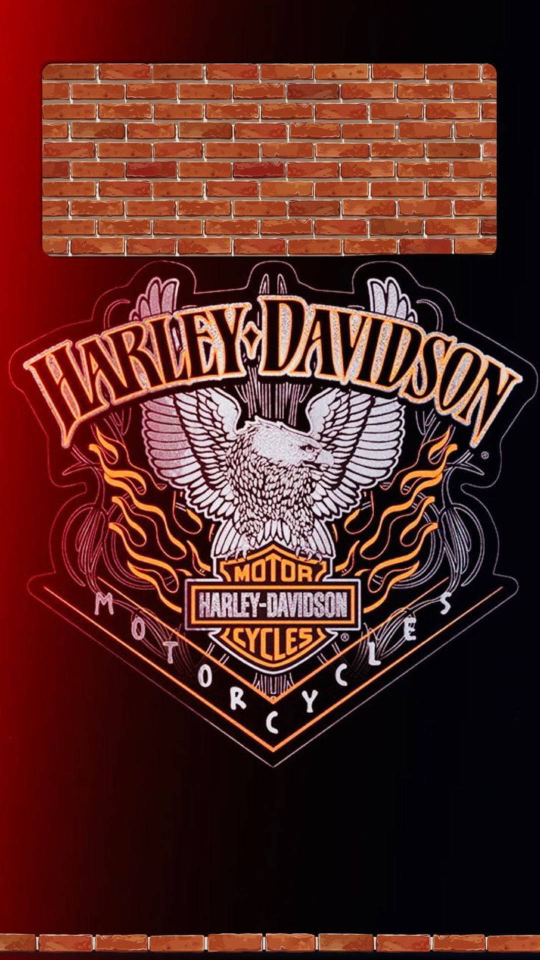 Harley-Davidson 標誌配以老鷹和火焰在磚牆背景上。 — 哈雷戴維森 GIF 壁紙