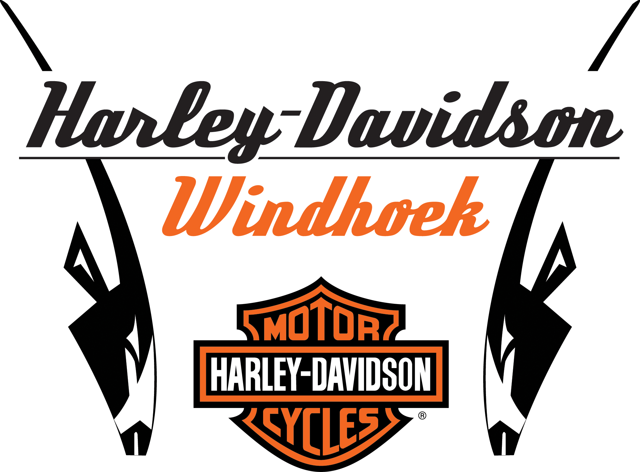 哈雷戴維森標誌 桌布 壁紙 — Harley-Davidson Windhoek 標誌，帶有標誌性盾牌徽章，兩側為黑白劍羚剪影。