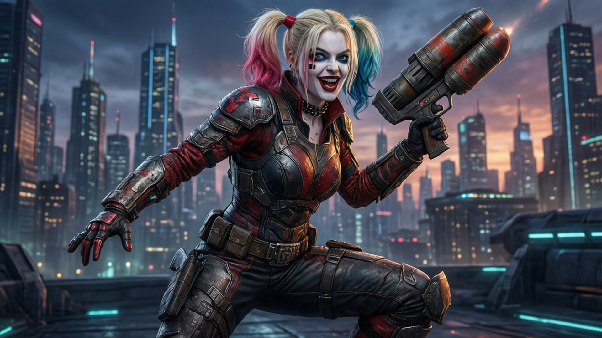 Injustice 2 Harley Quinn 壁紙 — 哈莉·奎茵身穿裝甲裝備，在屋頂上手持火箭發射器，背景是黃昏時分霓虹燈閃爍的未來城市天際線。
