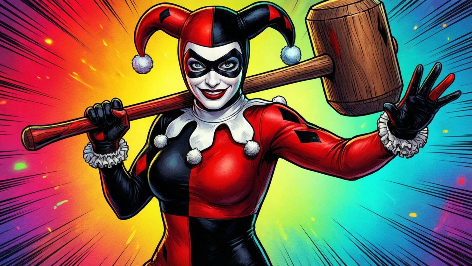 Classic Harley Quinn Pose 壁紙 — 哈莉·奎茵身穿標誌性的紅黑小丑服，在充滿活力的彩虹爆炸背景下揮舞著巨大的木槌。