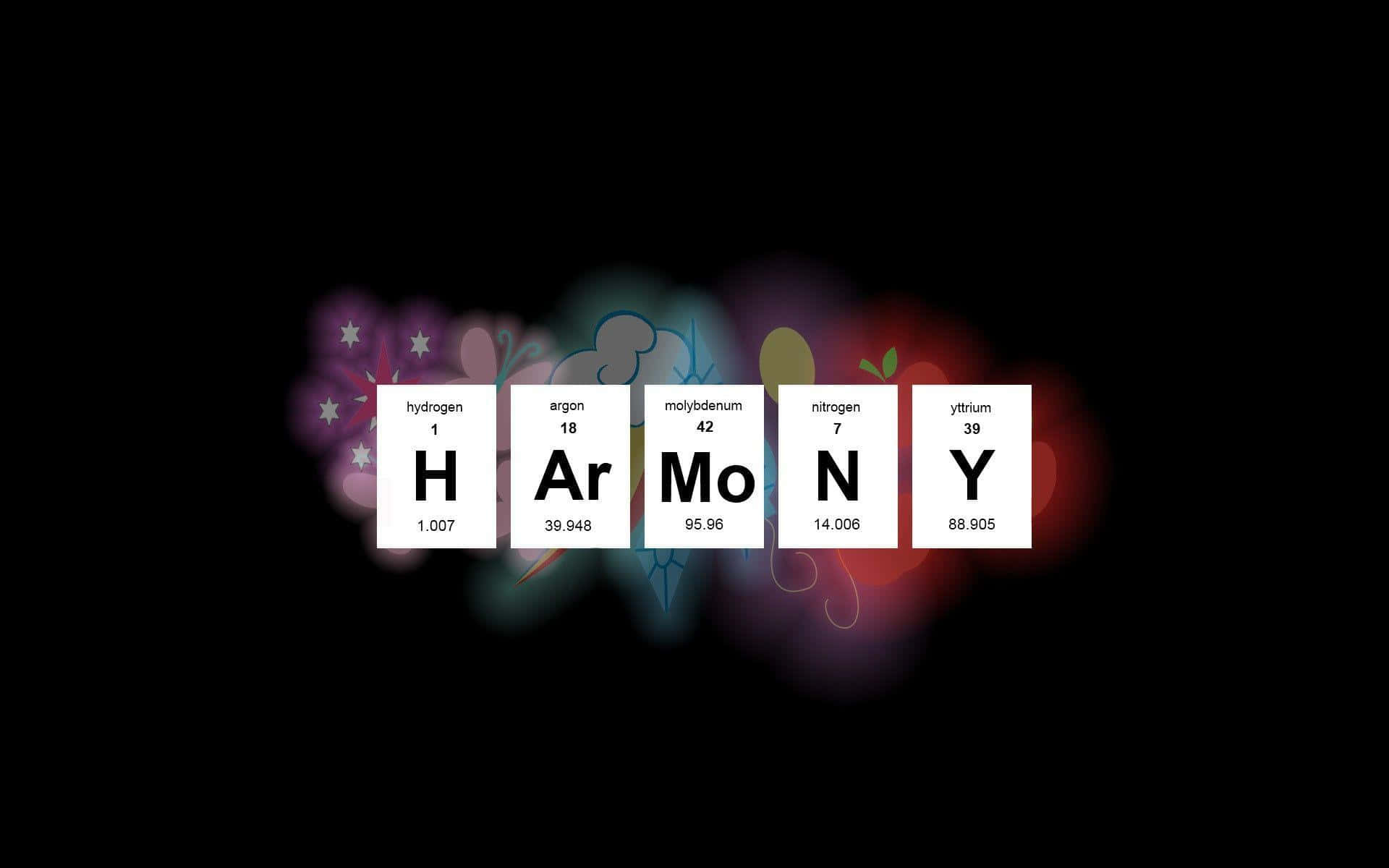 Harmony 桌布 壁紙 — 「Harmony」一詞用元素週期表元素拼寫，背景為深色，帶有彩色抽象形狀。