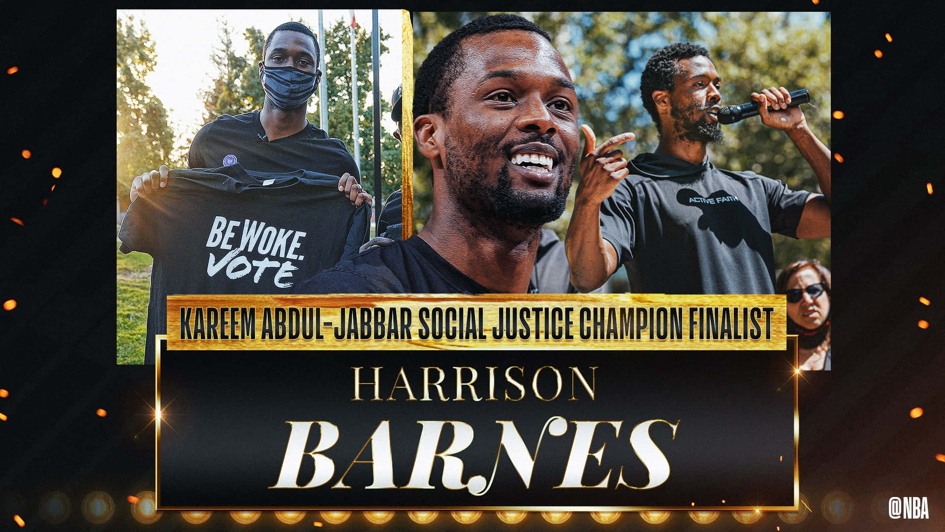Harrison Barnes 在帶有文字和金色點綴的社會正義獎項圖像中微笑。 — NBA 壁紙