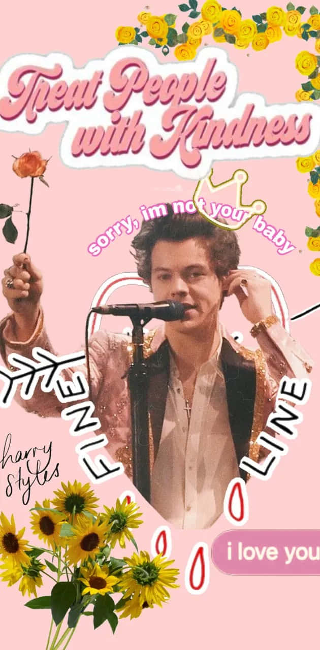  壁紙 — Harry Styles 在舞台上表演，周圍環繞著向日葵和粉紅色花卉圖案，並附有勵志語錄。