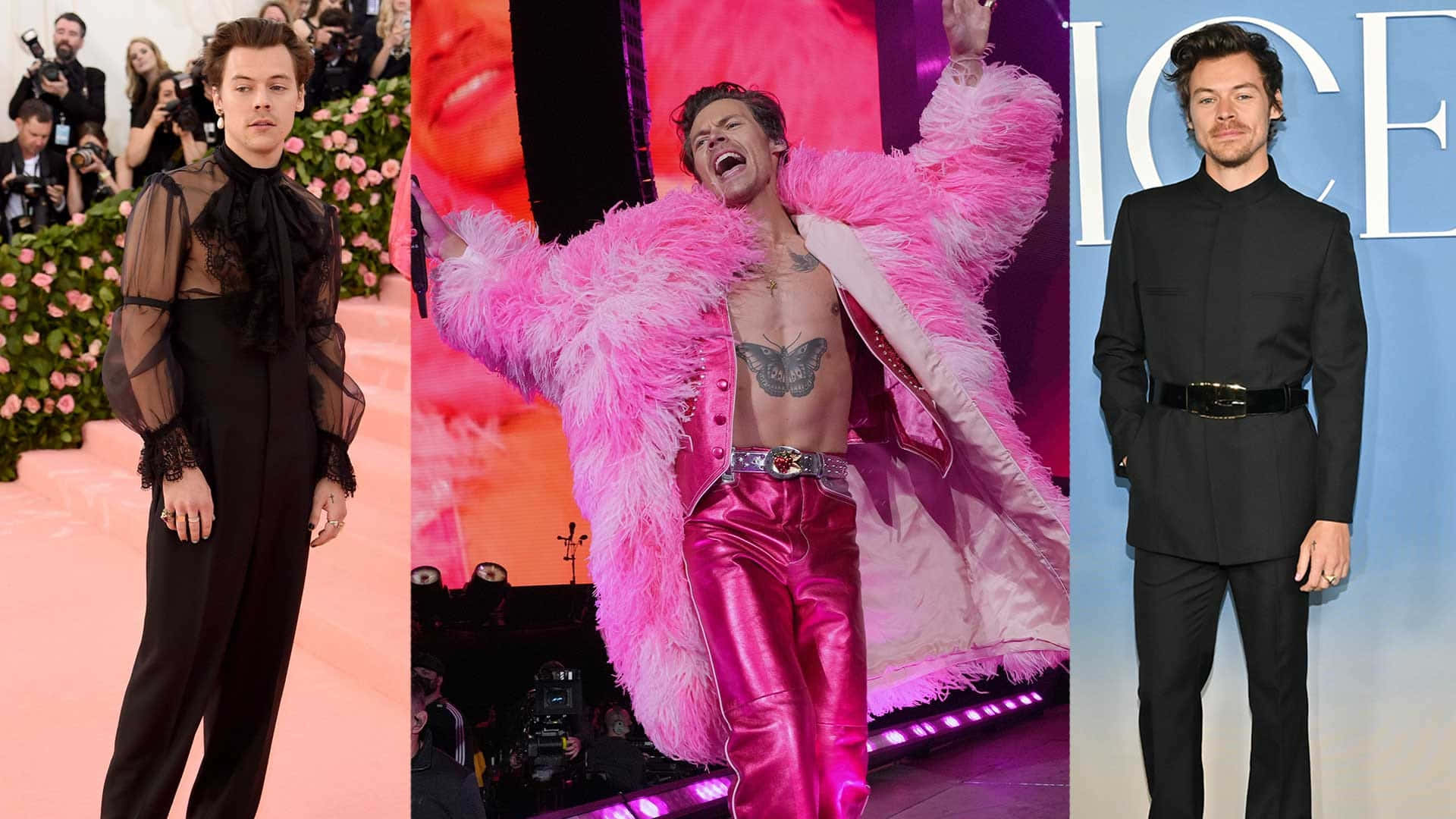 哈利·史泰爾斯 桌布 壁紙 — Harry Styles 以三種不同造型擺姿勢：優雅的黑色長袍、華麗的粉紅色毛皮大衣和俐落的黑色西裝。