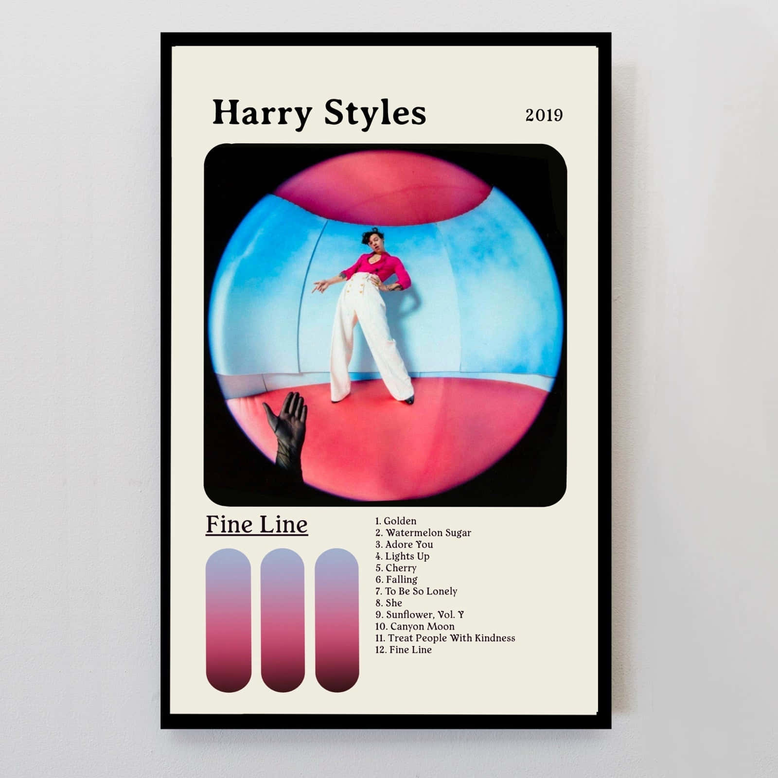 Harry Styles Album Cover 桌布 壁紙 — Harry Styles 在一個充滿活力的粉紅色和藍色球形場景中，出現在2019年《Fine Line》專輯海報上，附有曲目列表和漸變條。