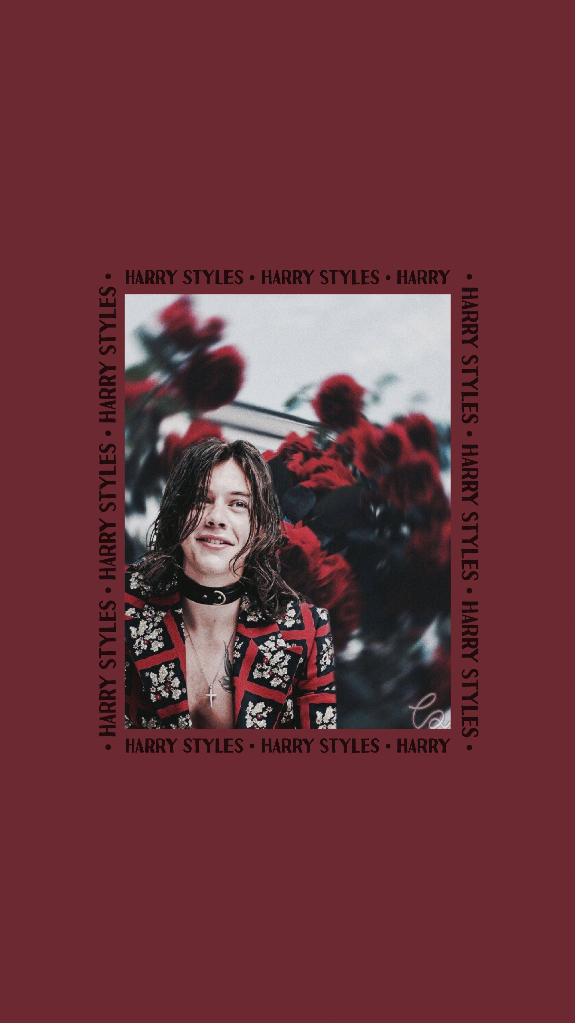 美學 桌布 壁紙 — Harry Styles 在深酒紅色背景上被紅花輕輕框住微笑，他的名字垂直重複。